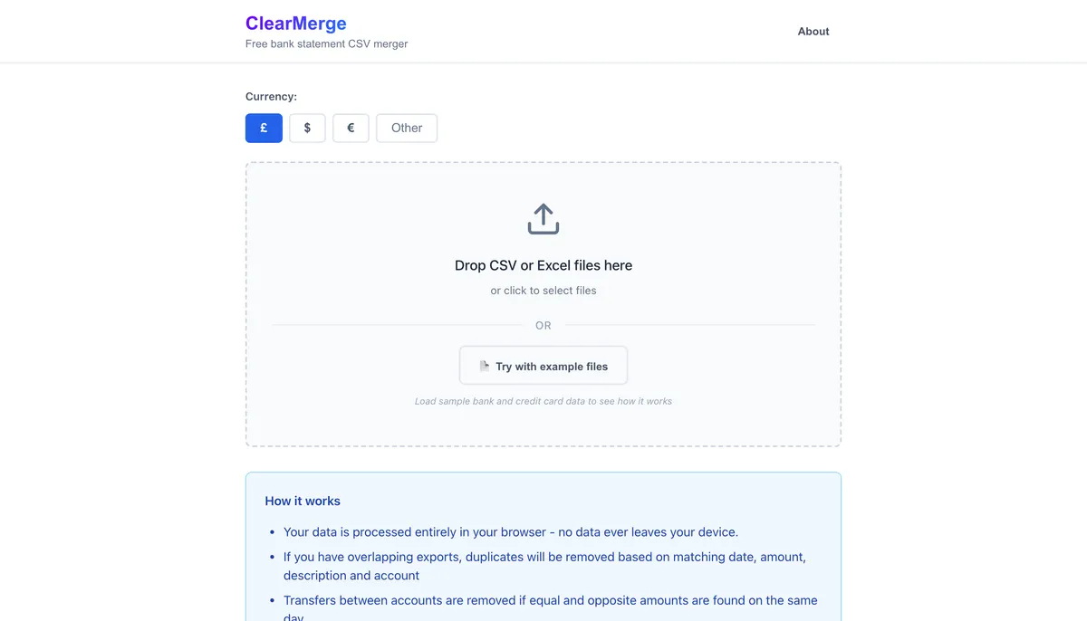 ClearMerge web tool homepage
