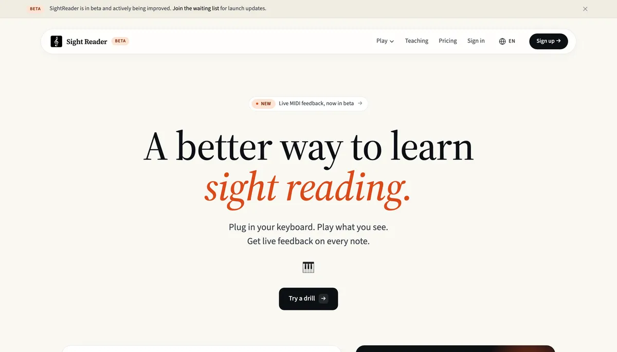 Sight Reader app homepage