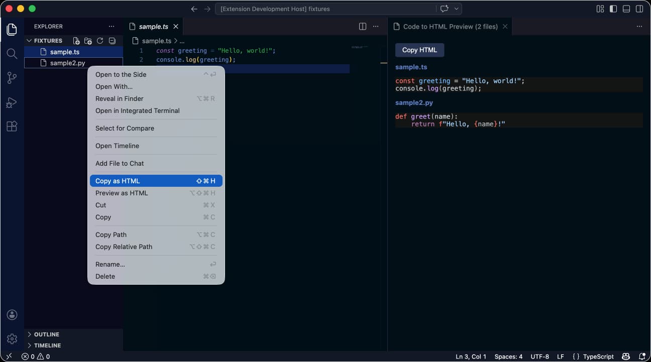 Code to HTML extension example output